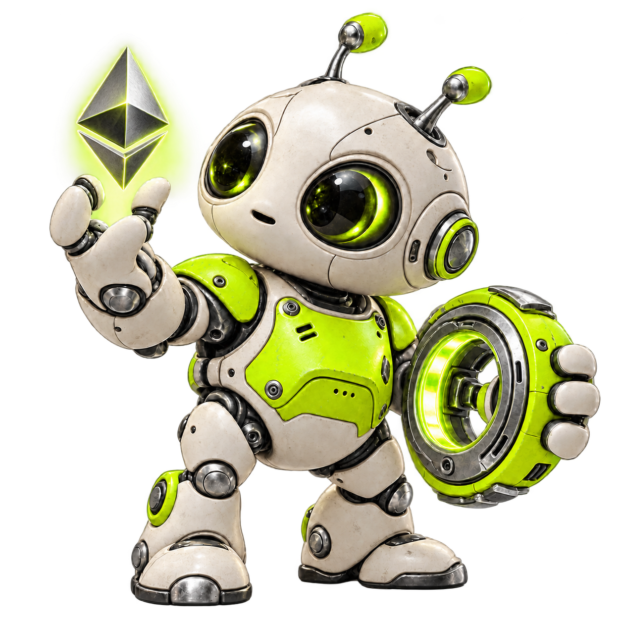 Tizmo, the original ivory and lime robot, holding his scanner beside an Ethereum crystal